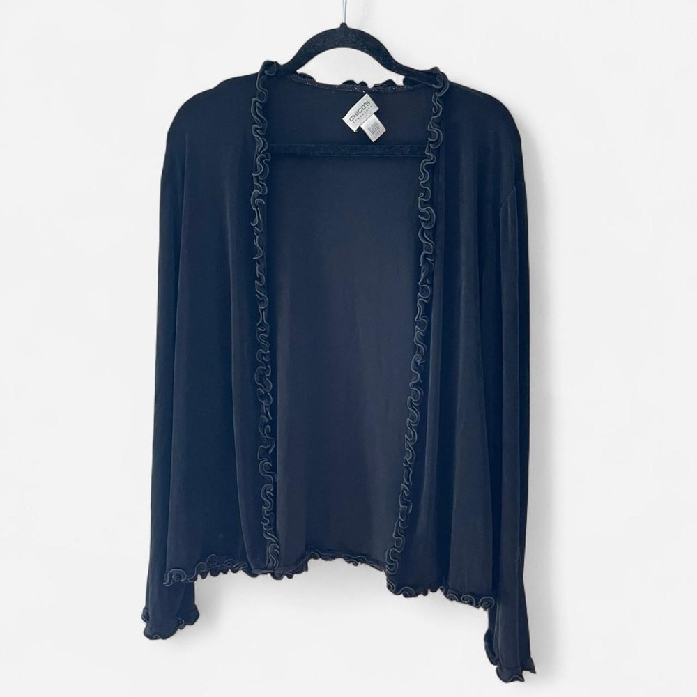 Chico’s Travelers black ruffle trim cardigan